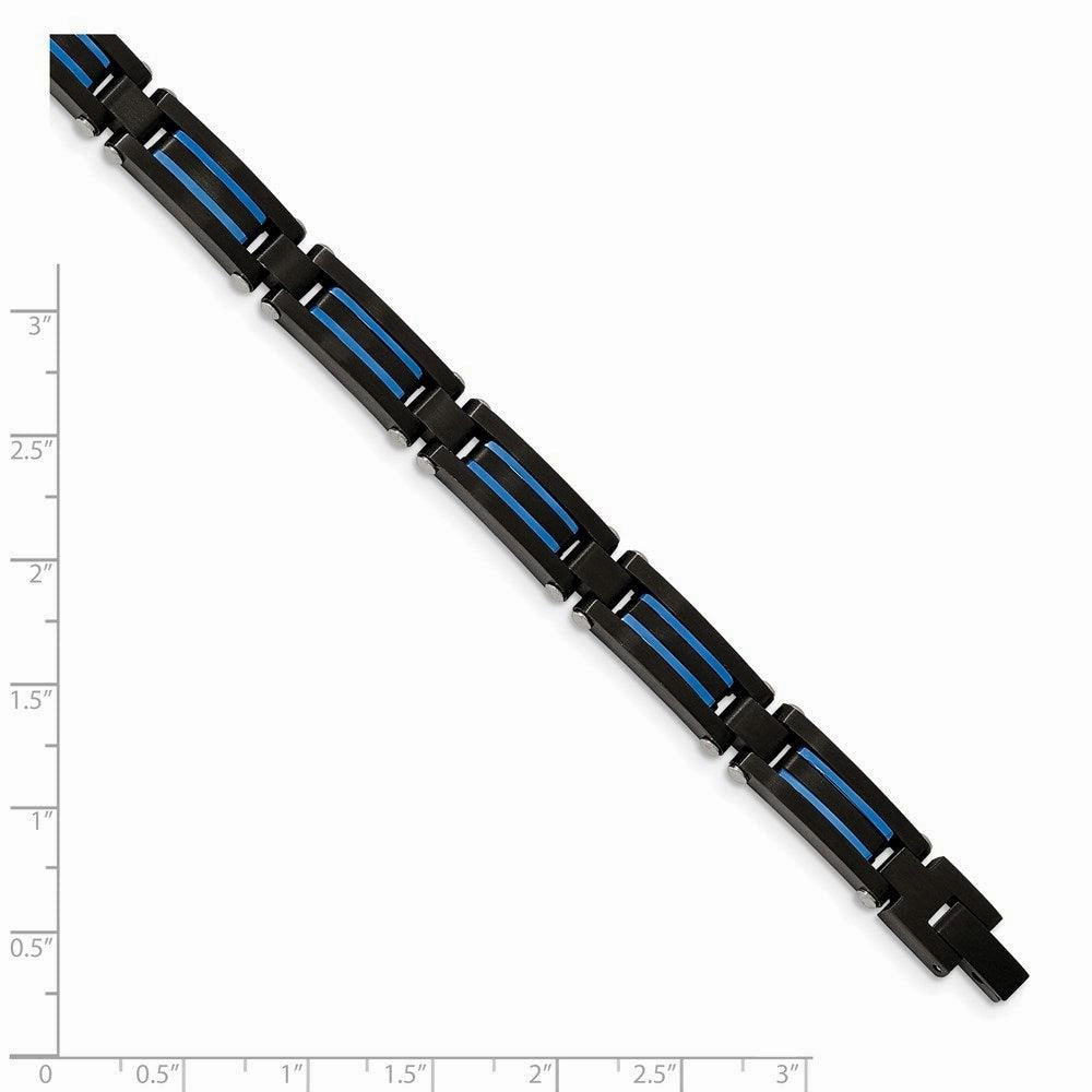 Stainless Steel Brushed and Polished Black/Blue IP-plated 8.5in Bracelet