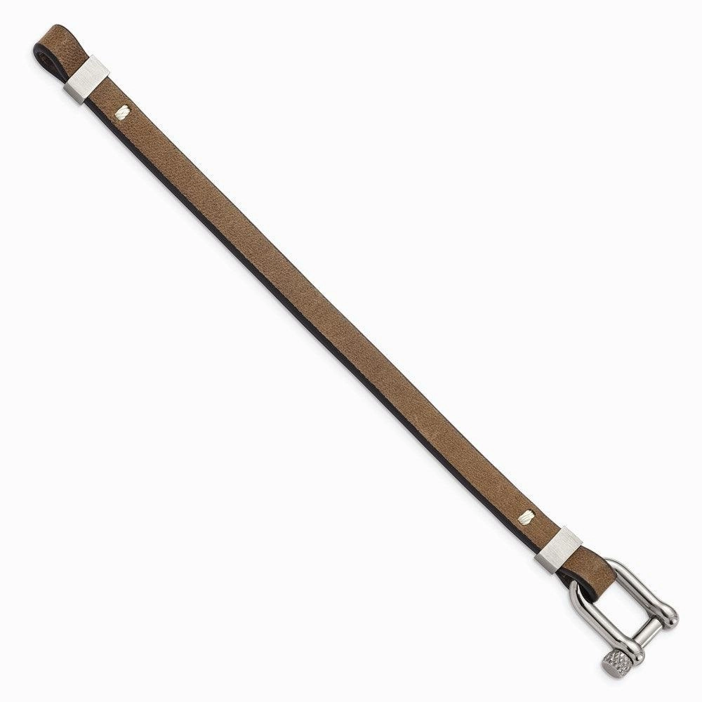 Stainless Steel Brushed and Polished Black/Brown Leather 7.75in Bracelet