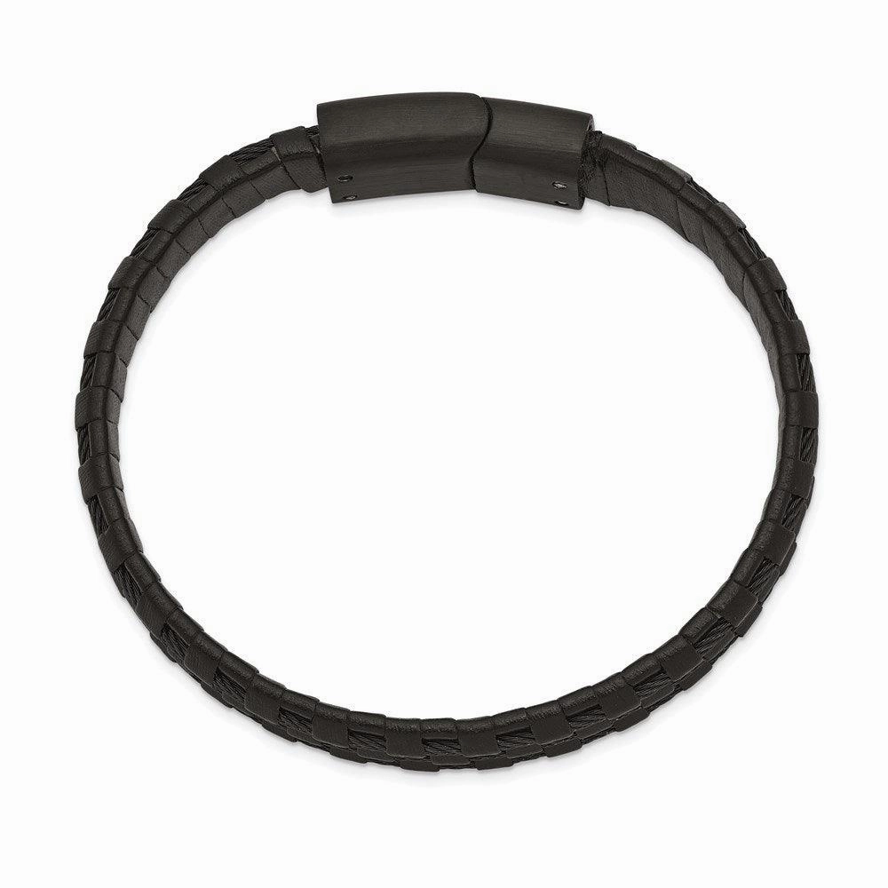 Stainless Steel Brushed and Polished Black IP Leather and Wire Bracelet