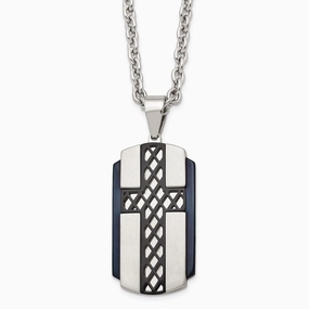 Stainless Steel Brushed and Polished Black IP-plated Cross Necklace