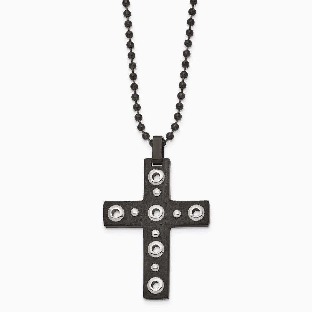 Stainless Steel Brushed and Polished Black IP-plated Cross Necklace