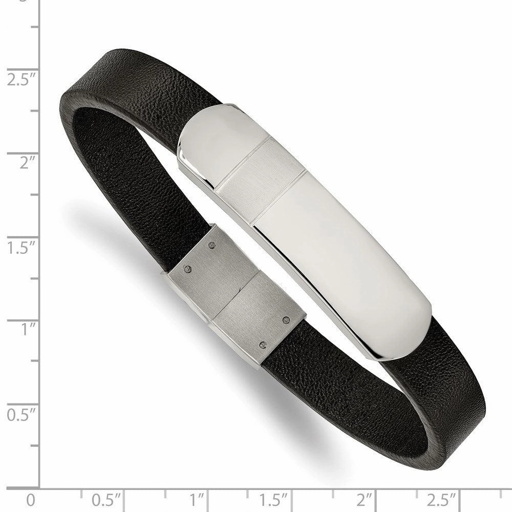 Stainless Steel Brushed and Polished Black Leather 8.5in ID Bracelet