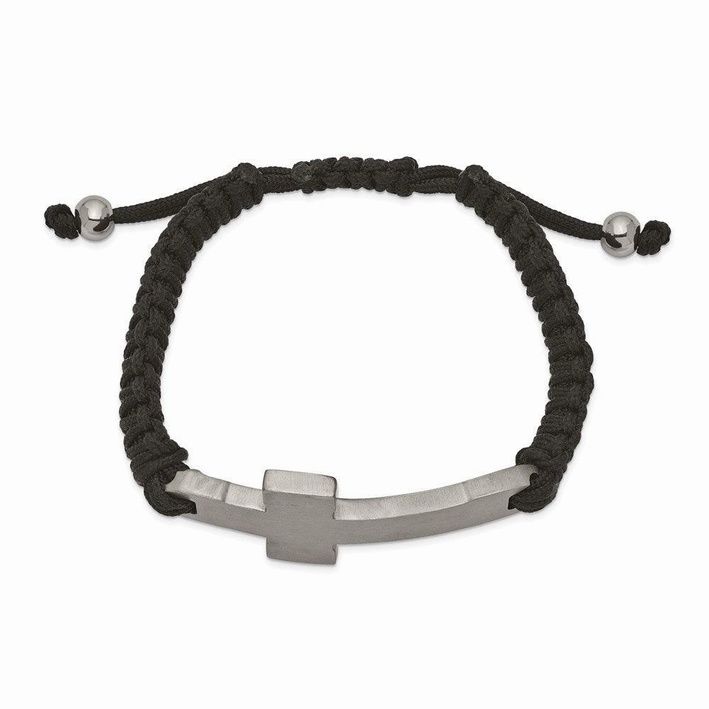 Stainless Steel Brushed and Polished Black Nylon Adjustable Cross Bracelet
