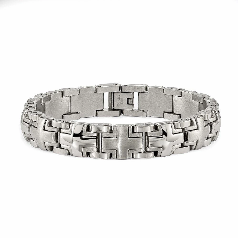 Stainless Steel Brushed and Polished Cross 8.25in Heavy Link Bracelet