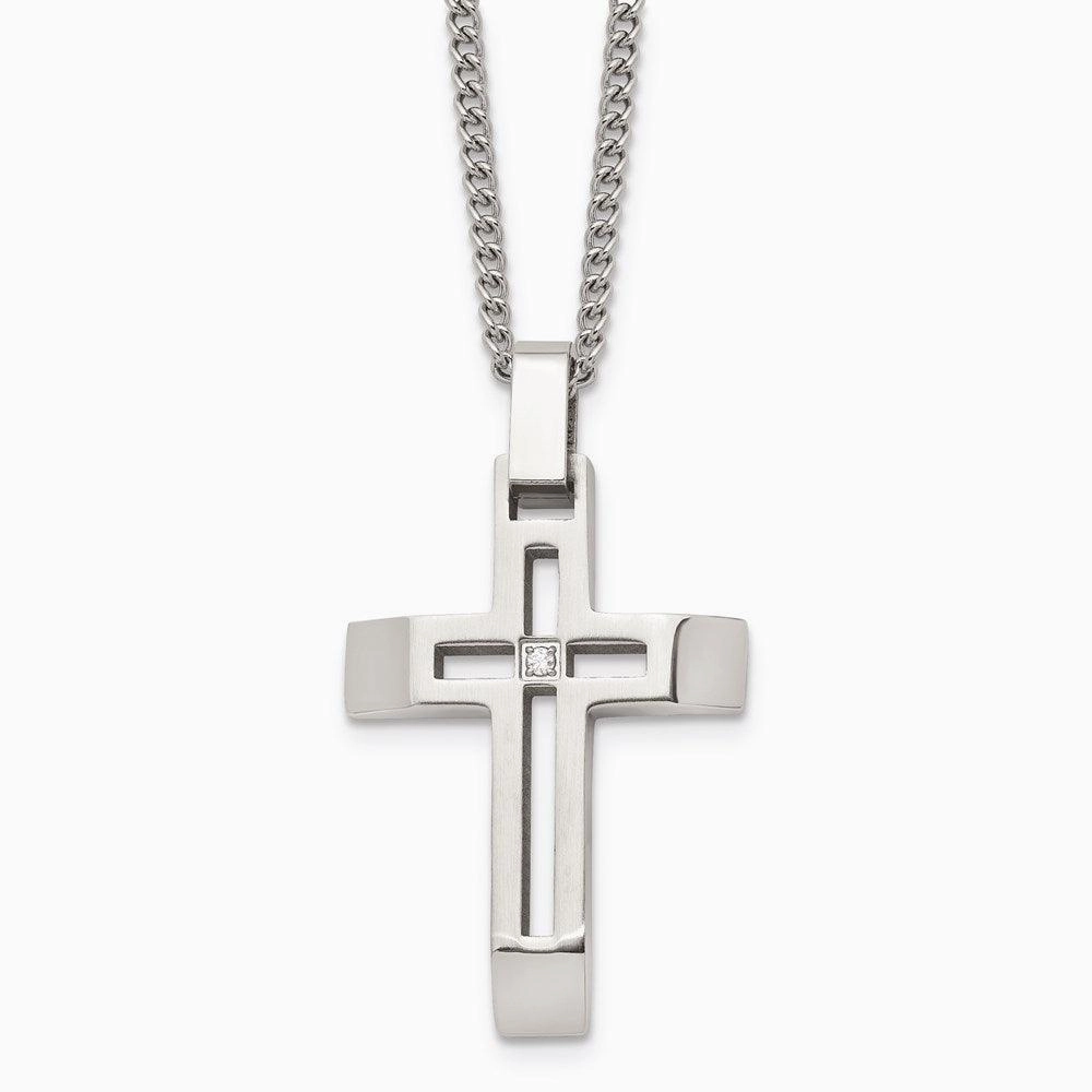 Stainless Steel Brushed and Polished Cross with CZ Necklace