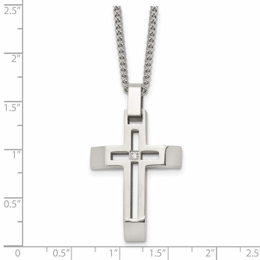 Stainless Steel Brushed and Polished Cross with CZ Necklace