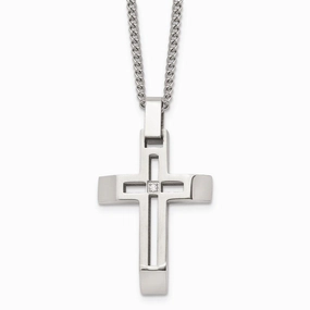 Stainless Steel Brushed and Polished Cross with CZ Necklace