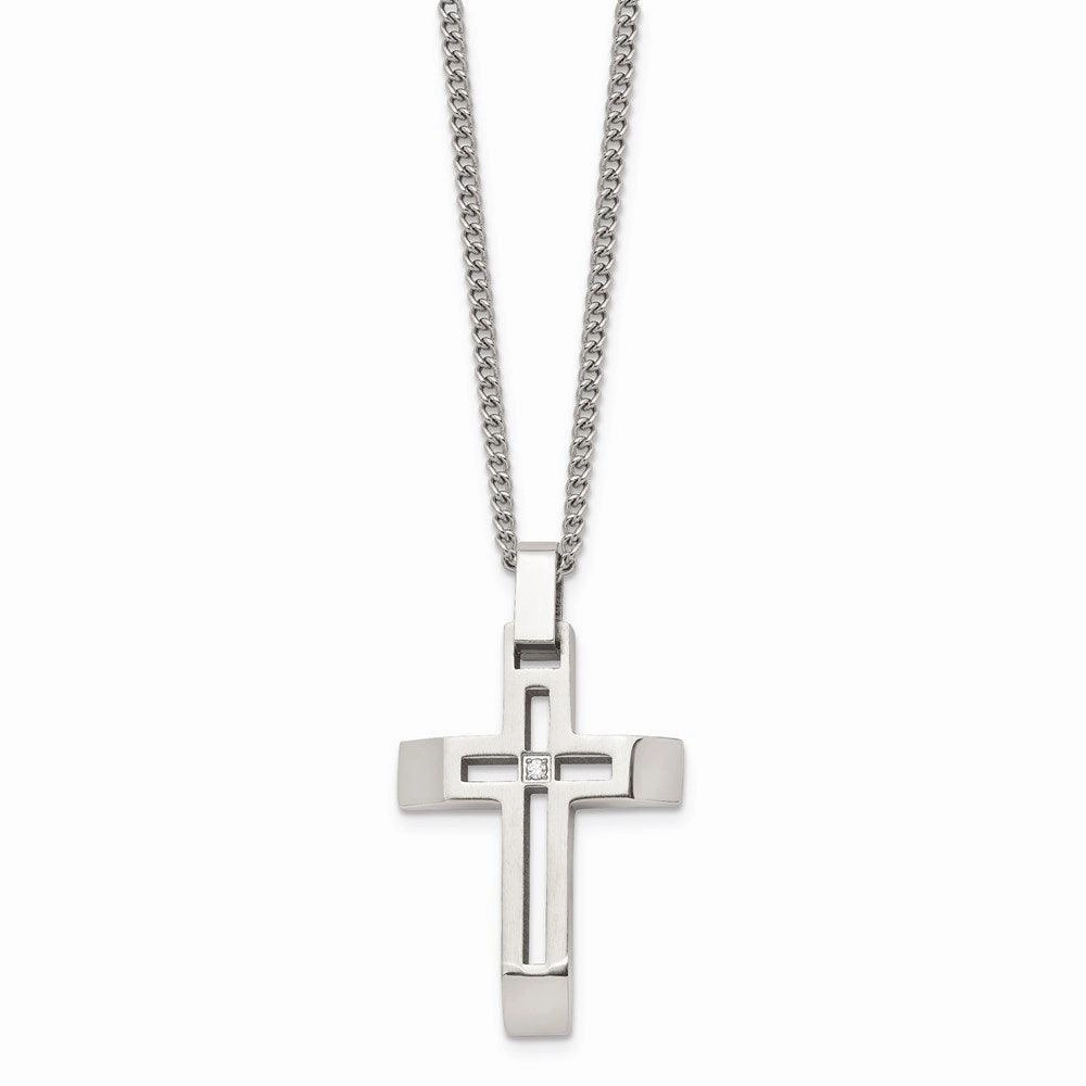 Stainless Steel Brushed and Polished Cross with CZ Necklace