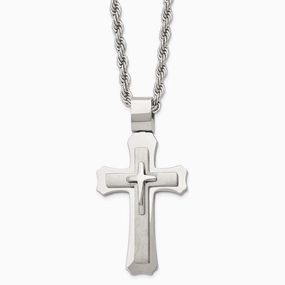 Stainless Steel Brushed and Polished Triple Layer Cross Necklace