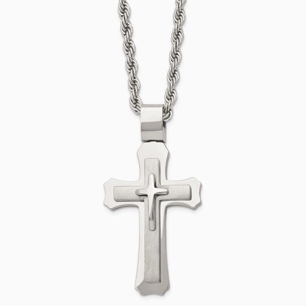 Stainless Steel Brushed and Polished Triple Layer Cross Necklace