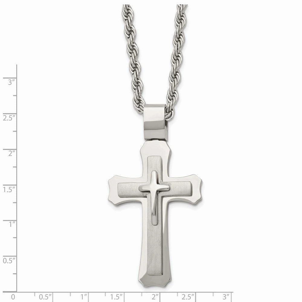 Stainless Steel Brushed and Polished Triple Layer Cross Necklace