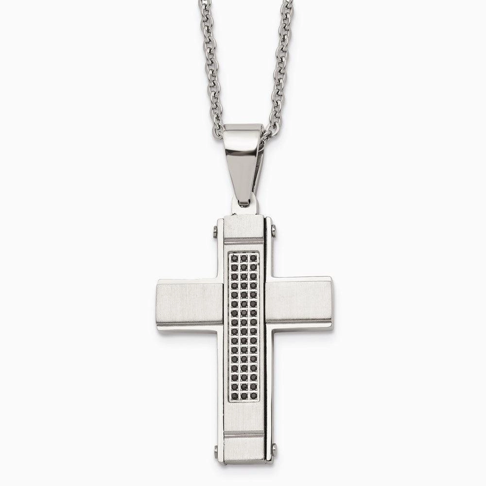 Stainless Steel Brushed and Polished w/ Black CZ Cross Necklace