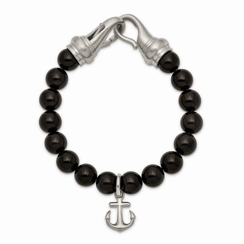 Stainless Steel Brushed Black Agate Beads 8in Anchor Bracelet