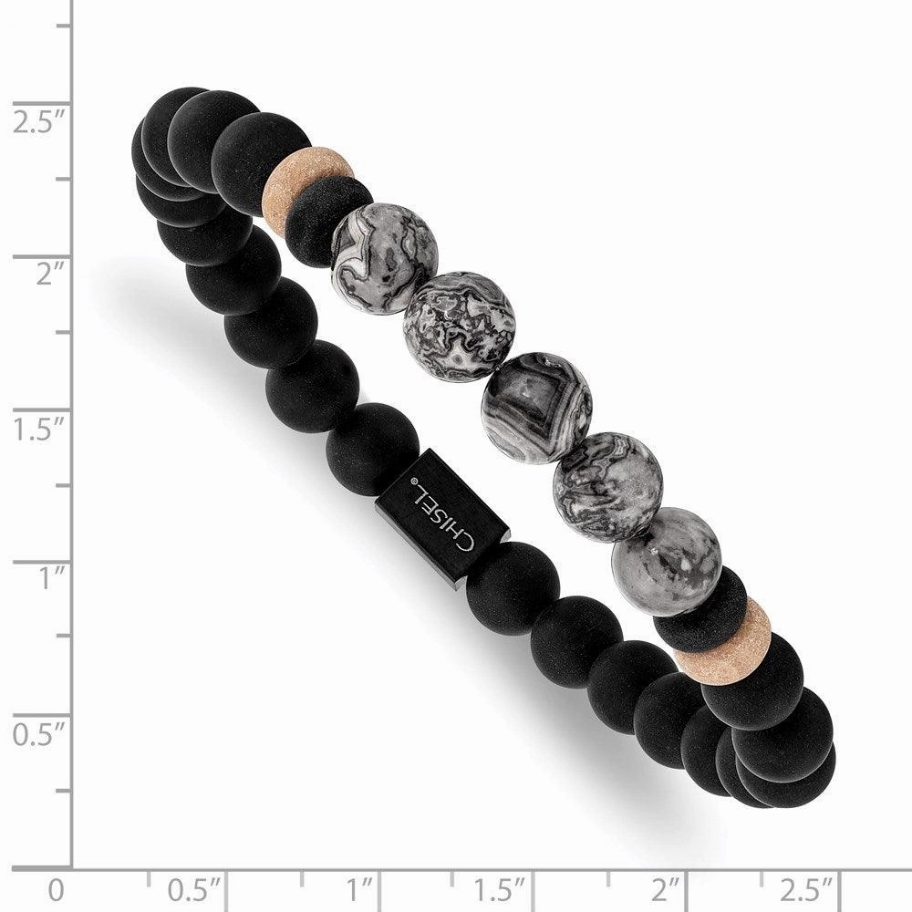 Stainless Steel Brushed Black IP Black Agate/Grey Jasper Stretch Bracelet