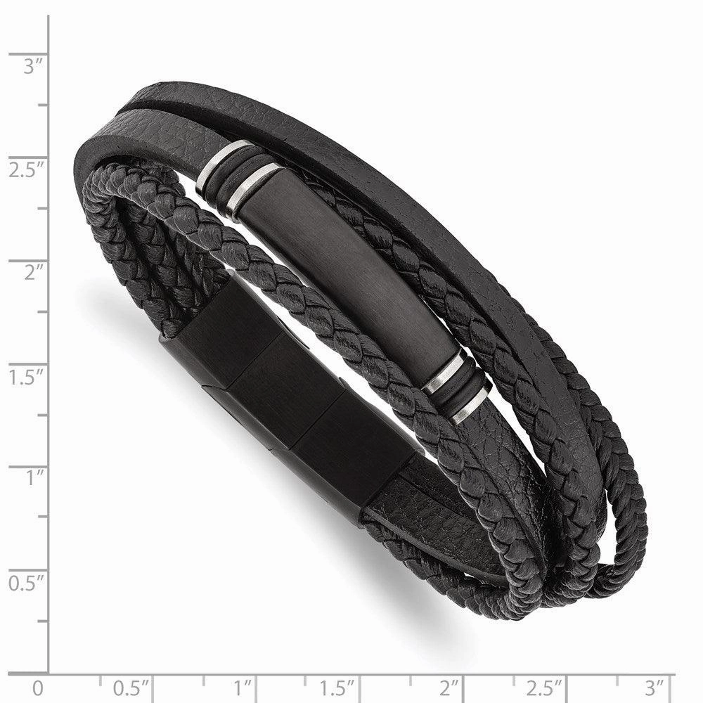 Stainless Steel Brushed Black IP PU Leather/Rubber w/.5in ext 8in Bracelet