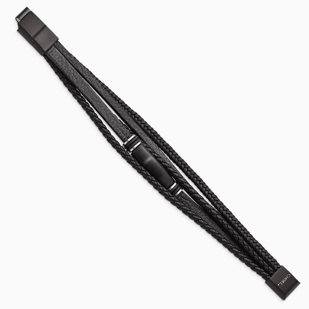 Stainless Steel Brushed Black IP PU Leather/Rubber w/.5in ext 8in Bracelet