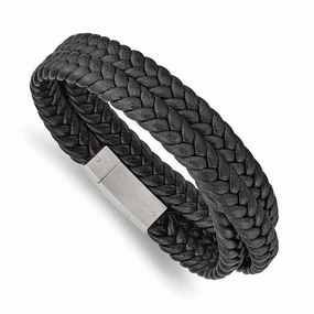 Stainless Steel Brushed Black Leather Braided 23in Wrap Bracelet