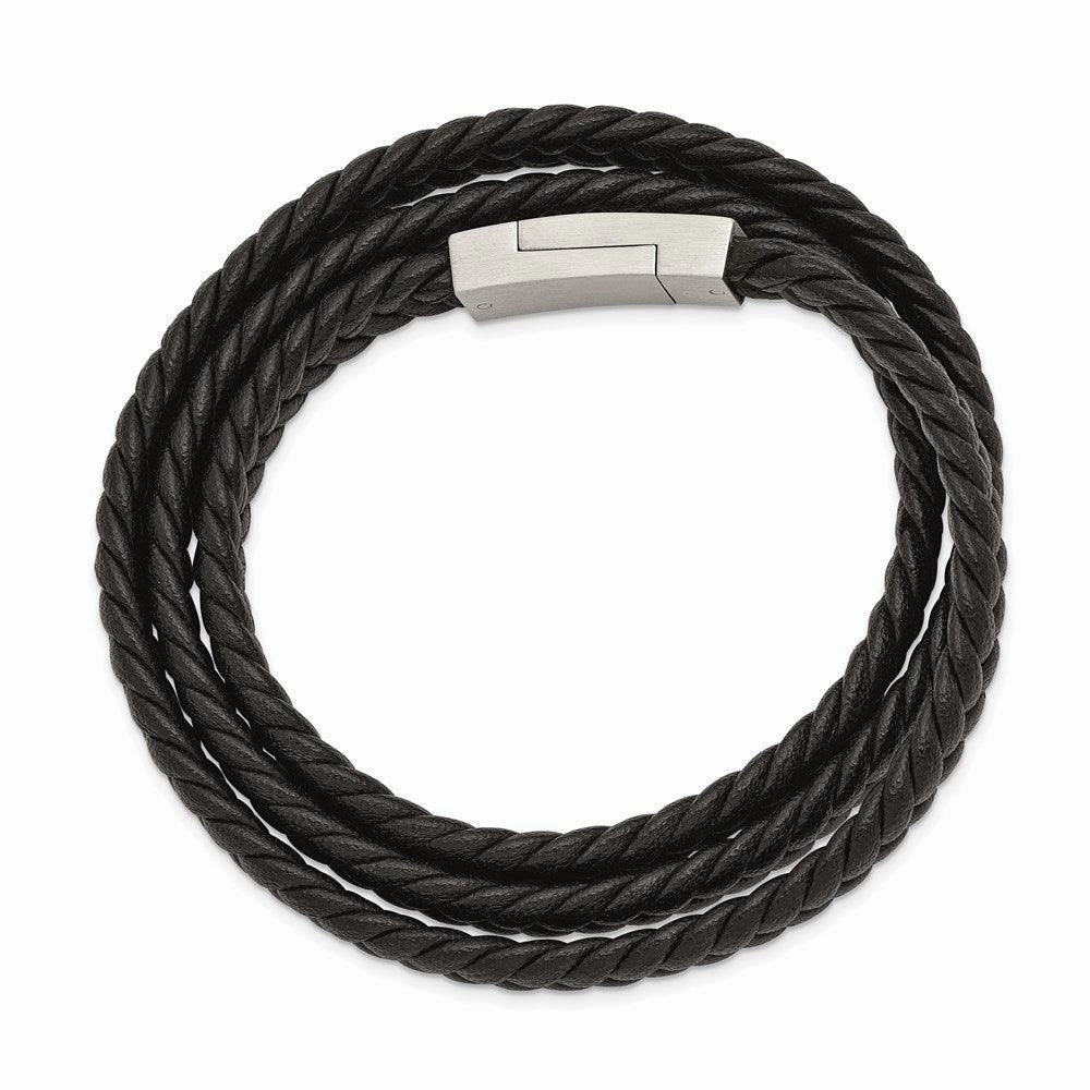 Stainless Steel Brushed Black Leather Braided 23in Wrap Bracelet