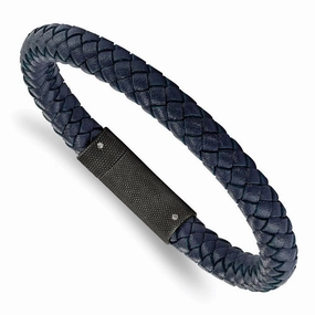 Stainless Steel Brushed Blue Leather Braided 8.5in Bracelet