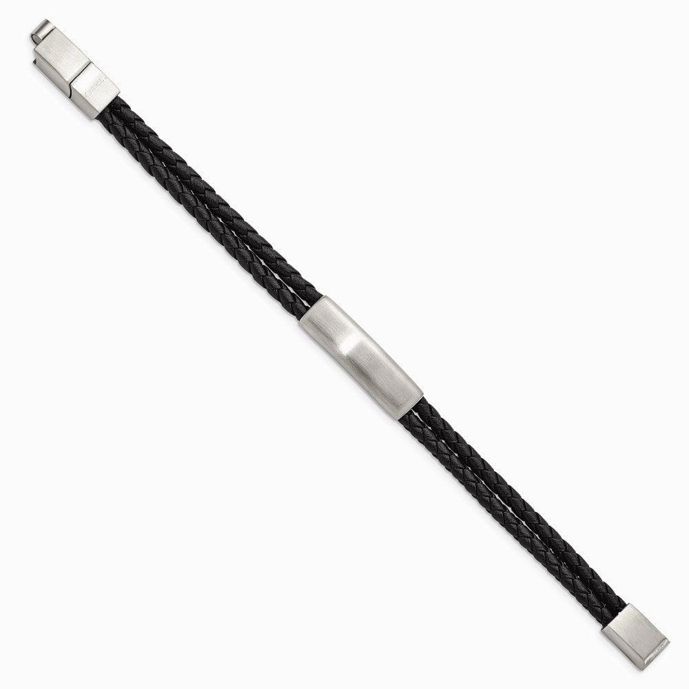Stainless Steel Brushed Braided Black Leather w/.5in ext 8in Bracelet