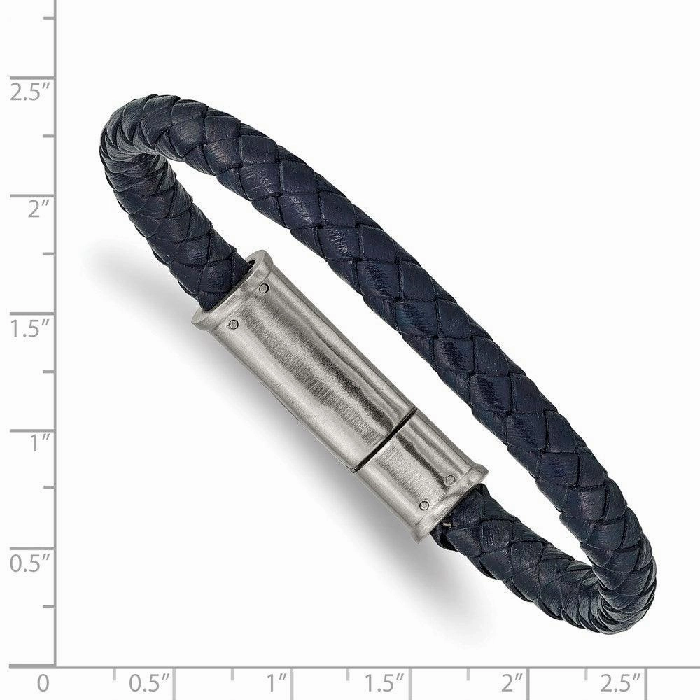 Stainless Steel Brushed Braided Blue Leather 8.25in Bracelet