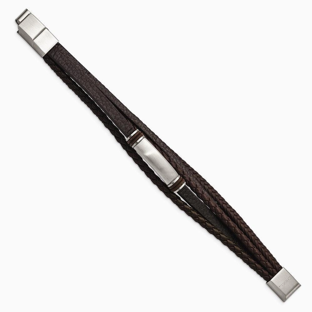 Stainless Steel Brushed Brown PU Leather & Rubber w/.5in ext 8in Bracelet