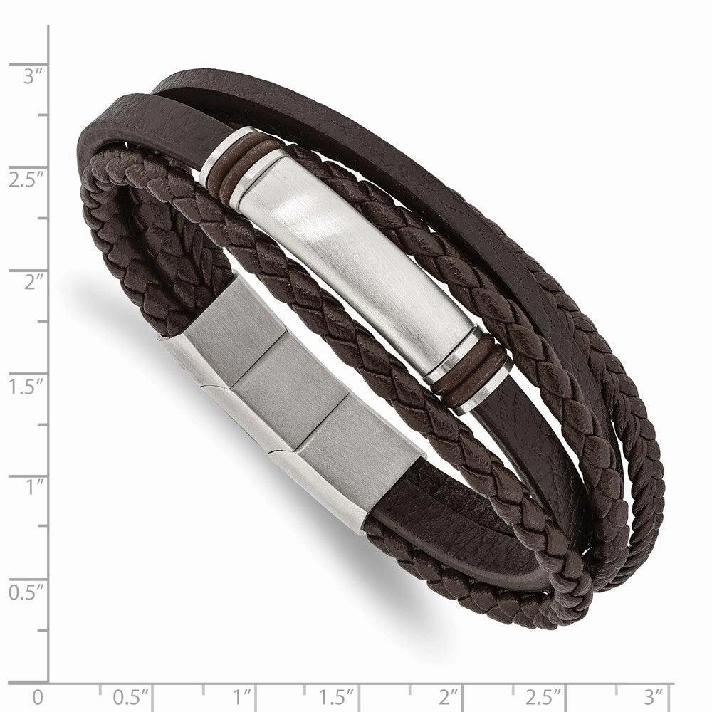 Stainless Steel Brushed Brown PU Leather & Rubber w/.5in ext 8in Bracelet