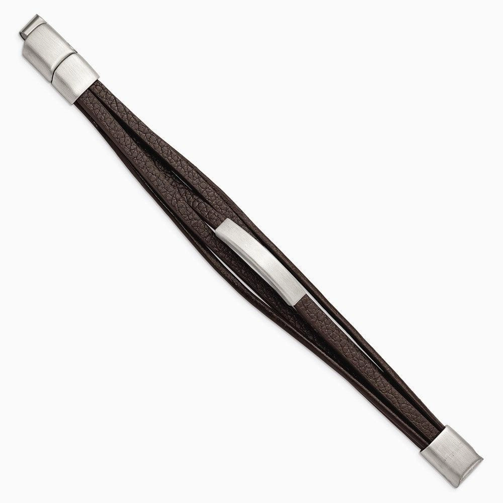 Stainless Steel Brushed Brown PU Leather Multi Strand w/.5in ext 8in Bracel