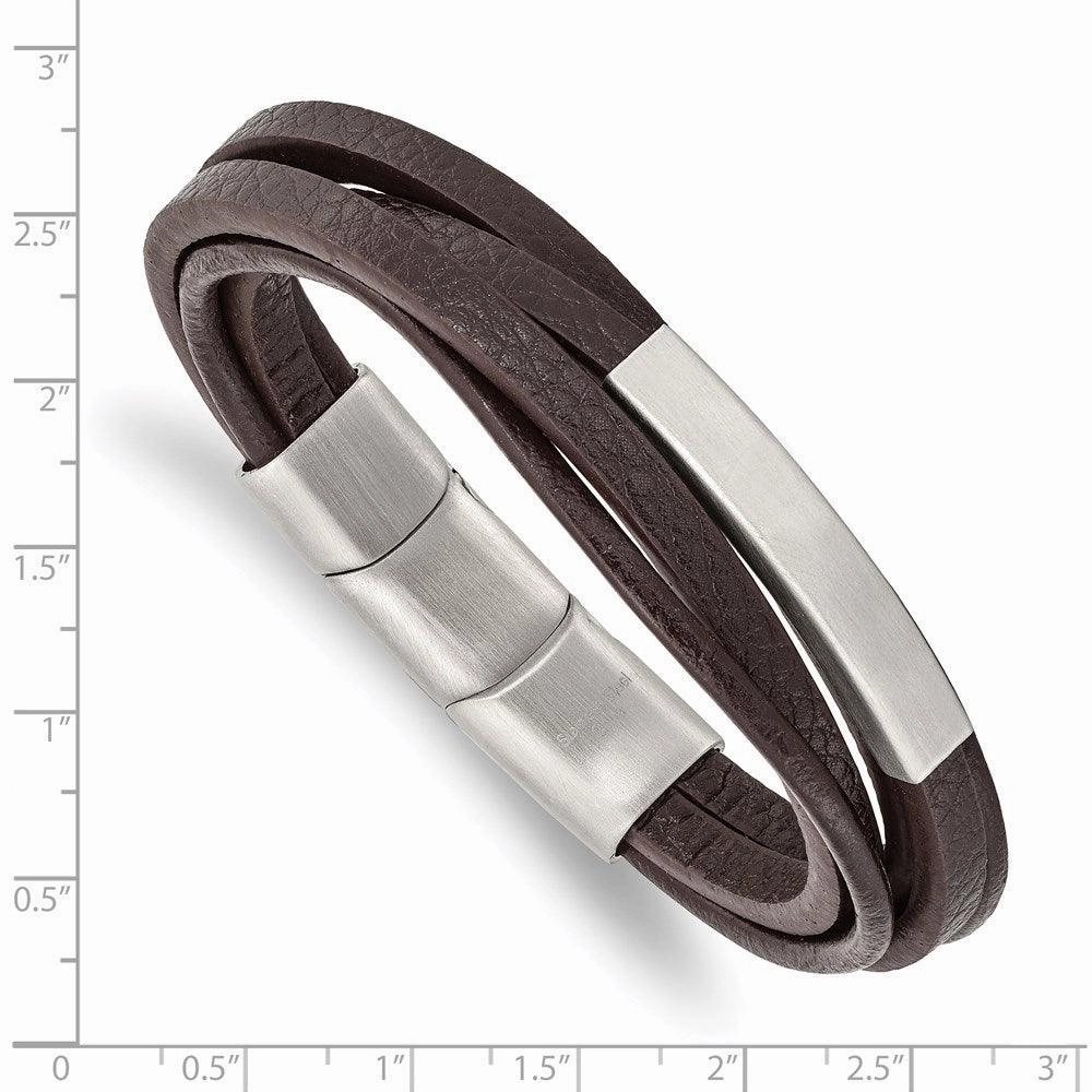 Stainless Steel Brushed Brown PU Leather Multi Strand w/.5in ext 8in Bracel