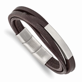 Stainless Steel Brushed Brown PU Leather Multi Strand w/.5in ext 8in Bracel