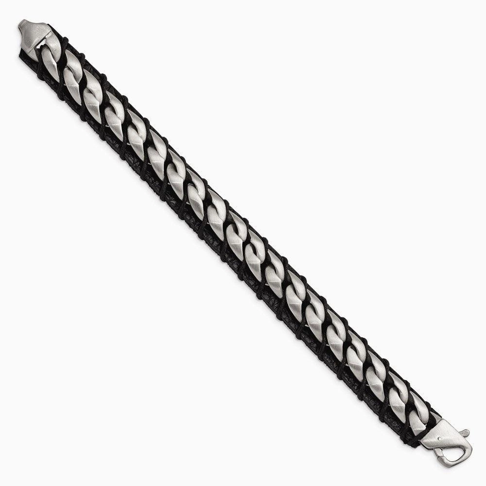 Stainless Steel Brushed Chain and Black Leather 8.5in Bracelet