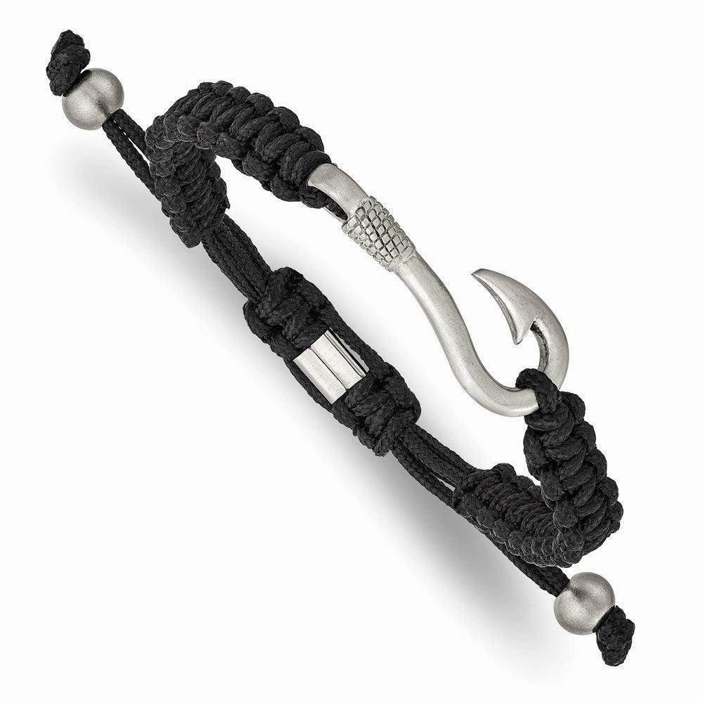 Stainless Steel Brushed Fishing Hook Black Nylon Adjustable Bracelet