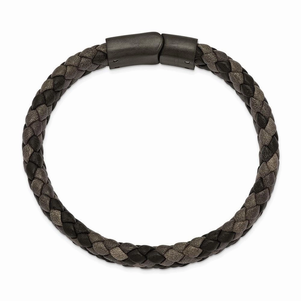 Stainless Steel Brushed Gun Metal IP-plated Brown Leather 8.25in Bracelet
