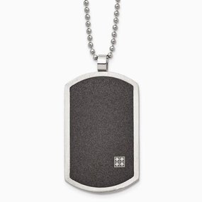 Stainless Steel Brushed LaserCut Black IP-Plated CZ Dogtag Necklace