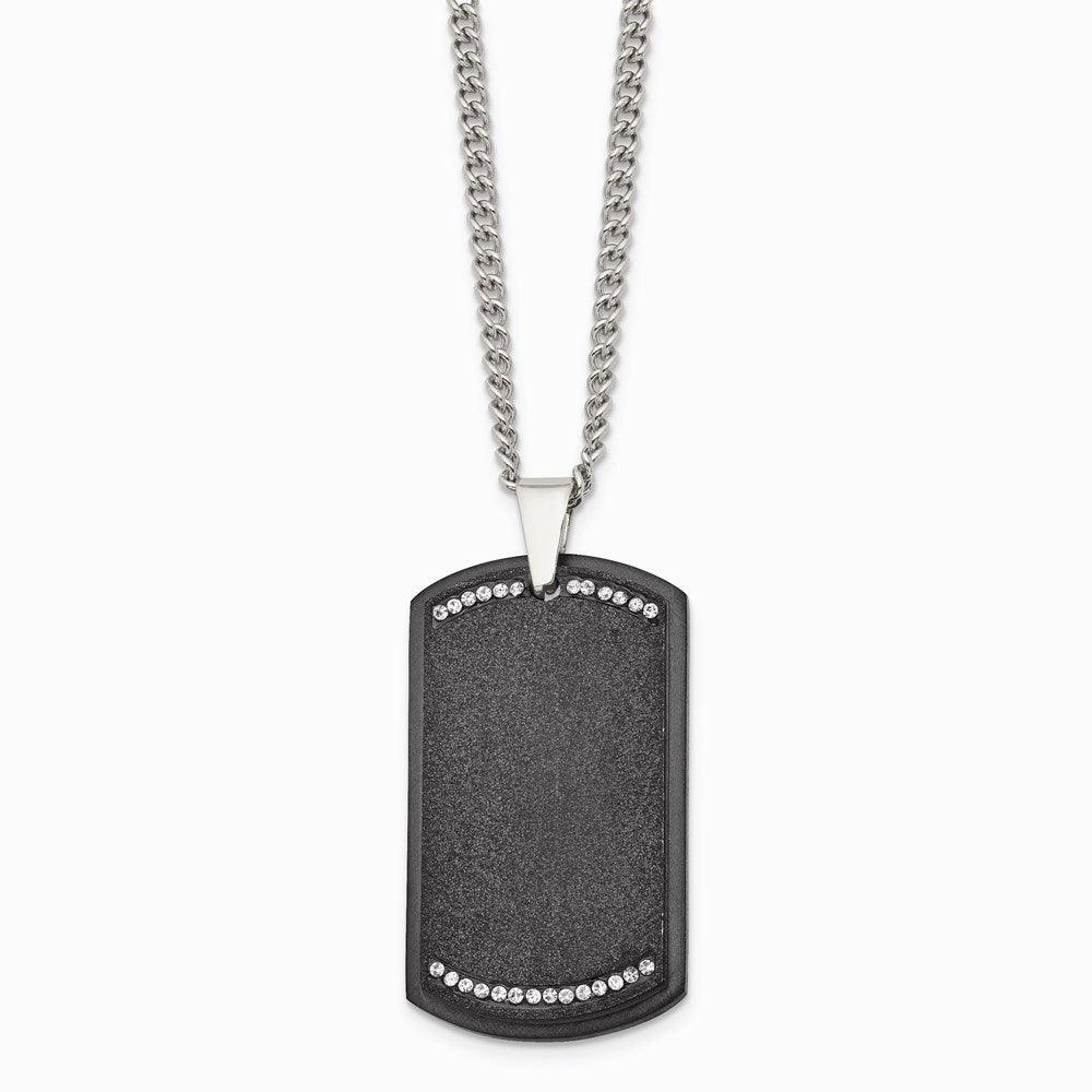 Stainless Steel Brushed LaserCut Black IP Plated CZ Dogtag Necklace