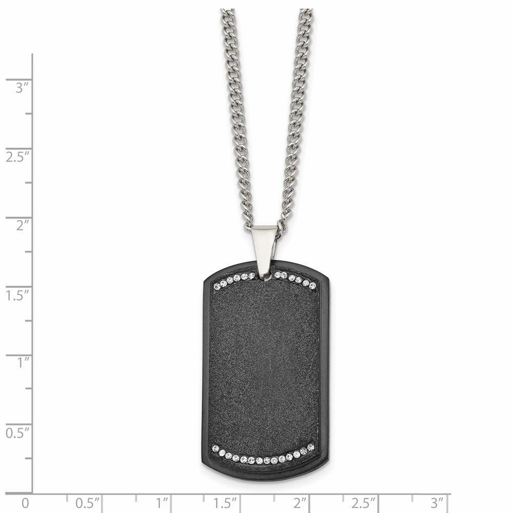 Stainless Steel Brushed LaserCut Black IP Plated CZ Dogtag Necklace