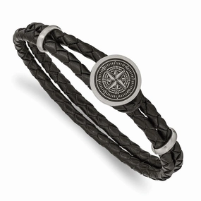 Stainless Steel Brushed Lasered Compass Black Leather 8.5in Bracelet