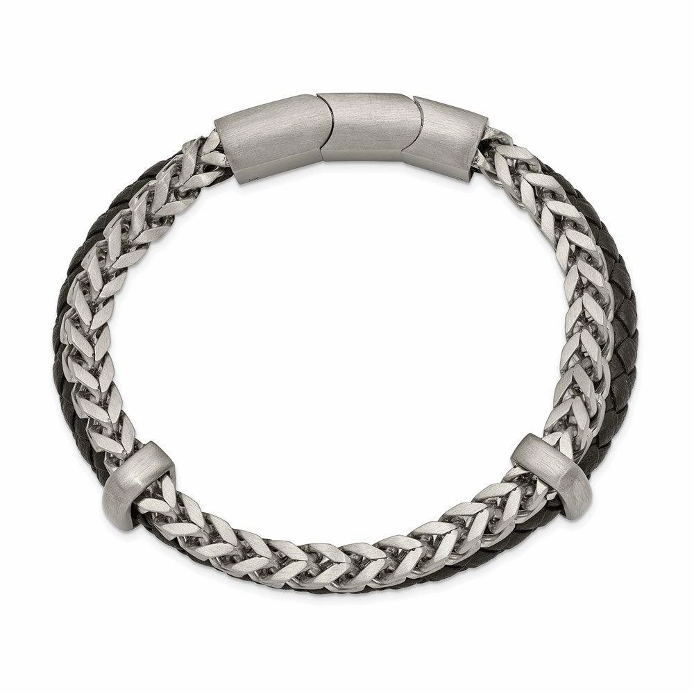 Stainless Steel Brushed Leather and Chain 8in w/.5in ext. Bracelet