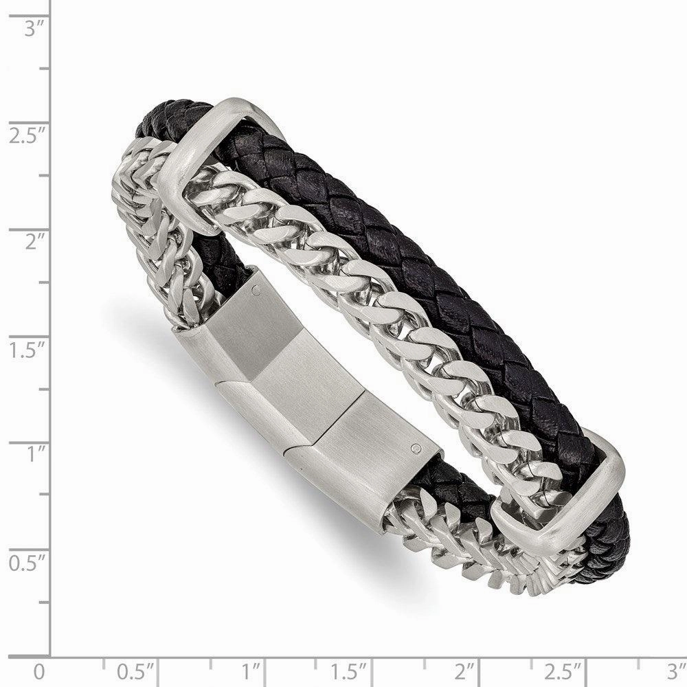 Stainless Steel Brushed Leather and Chain 8in w/.5in ext. Bracelet