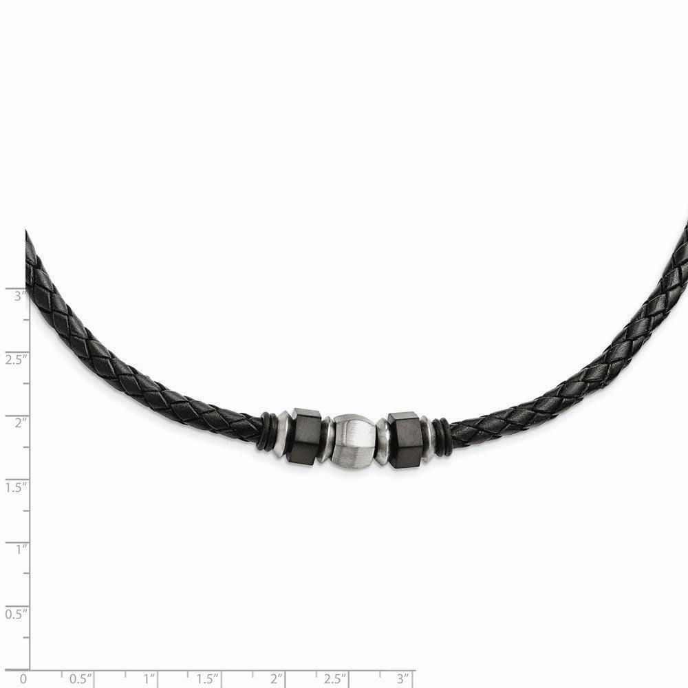 Stainless Steel Brushed Leather Black IP-plated & Rubber Necklace