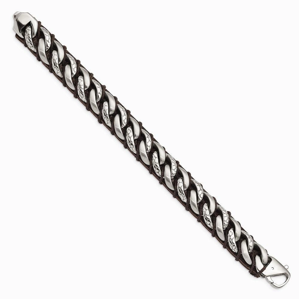 Stainless Steel Brushed Polished & Textured Brown Leather 8.5in Bracelet
