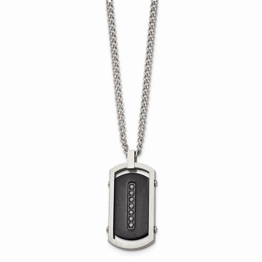 Stainless Steel Brushed/Polished Black IP Center Black CZ Tag Necklace