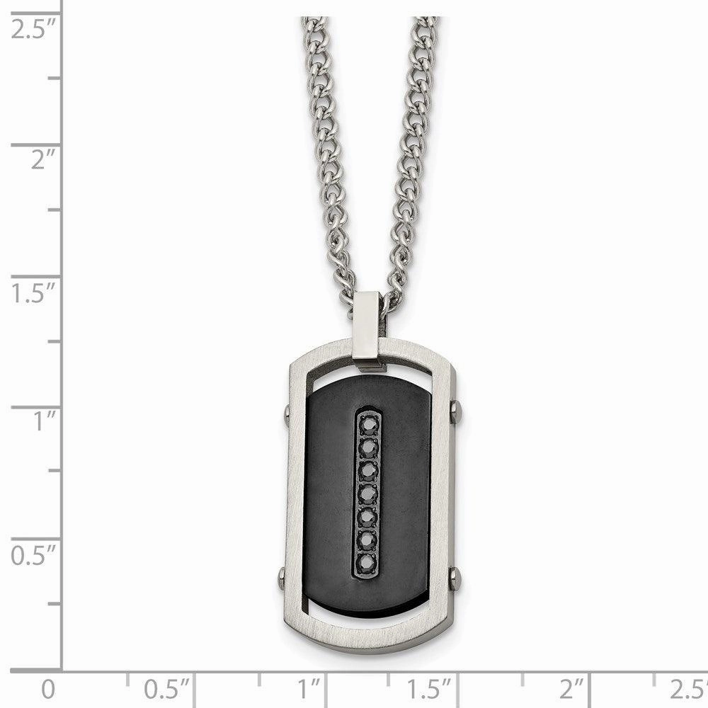 Stainless Steel Brushed/Polished Black IP Center Black CZ Tag Necklace