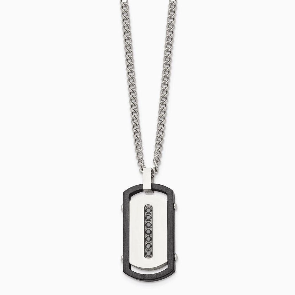 Stainless Steel Brushed/Polished Black IP Rim Black CZ Tag Necklace
