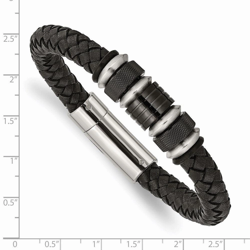 Stainless Steel Brushed/Polished Blk Leather Blk IP Blk Rubber Bracelet
