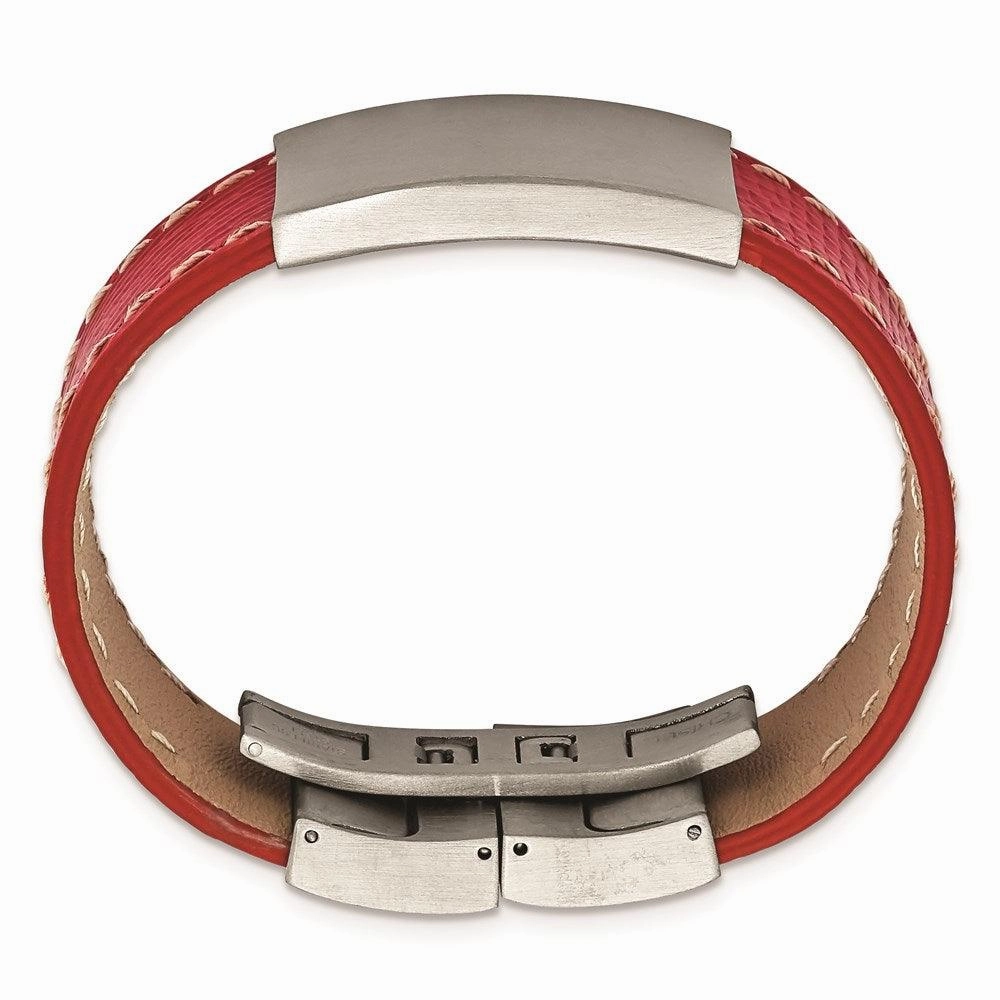 Stainless Steel Brushed Red Leather 8in ID Bracelet