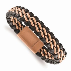 Stainless Steel Brushed Rose IP-plated Brown Leather Bracelet