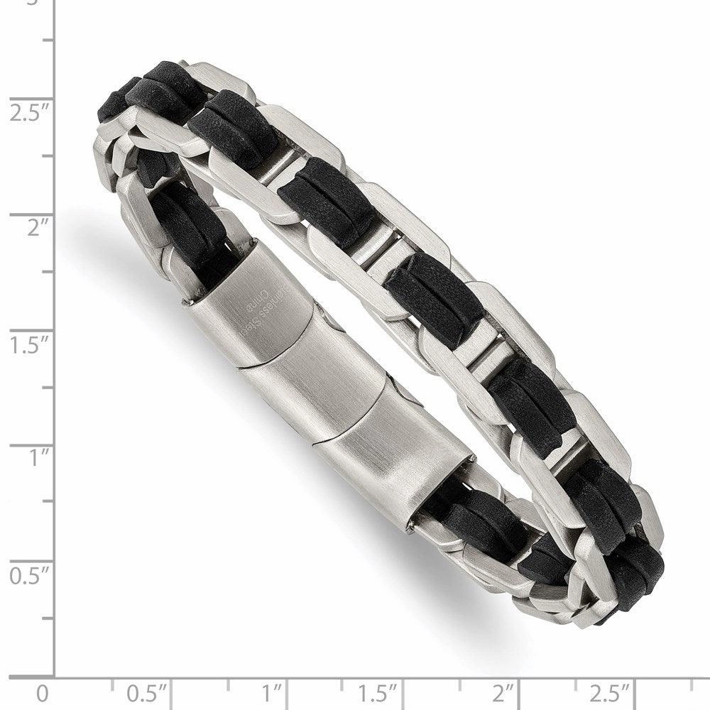 Stainless Steel Brushed with Black PU Leather w/.5in ext 7.75in Link Bracel
