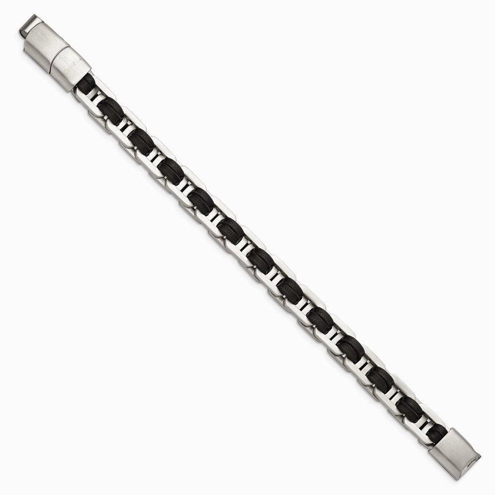 Stainless Steel Brushed with Black PU Leather w/.5in ext 7.75in Link Bracel
