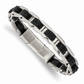 Stainless Steel Brushed with Black PU Leather w/.5in ext 7.75in Link Bracel